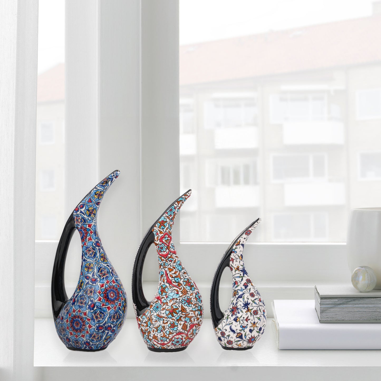 Handmade Ceramic Ewer, Ottoman Floral Decorative Ewer, Decorative Pitchers Set of 3