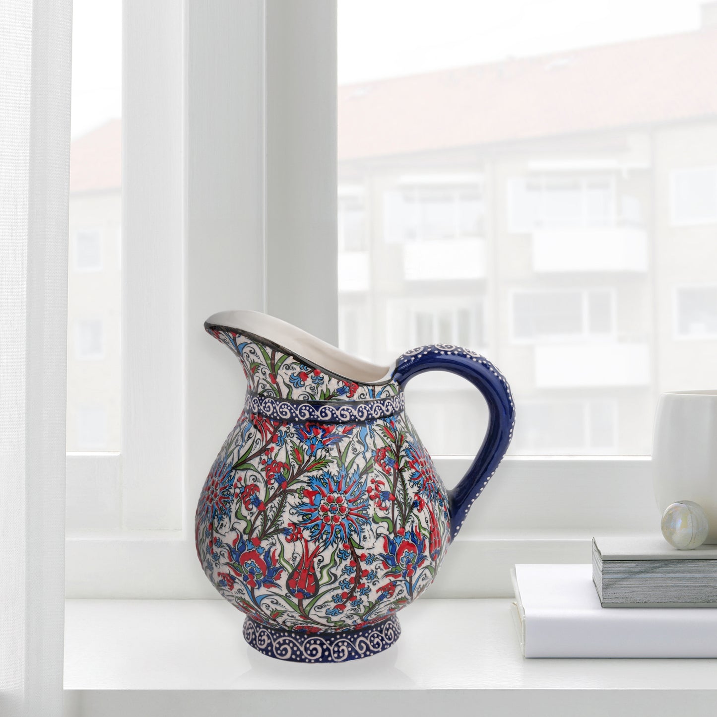 Handmade Ceramic Pitcher, Traditional Floral Decorative Ewer, Decorative Pitcher
