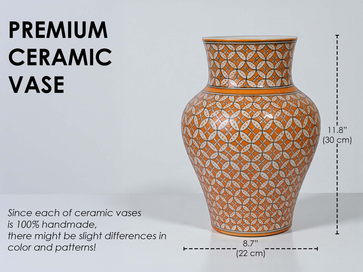 Orange ceramic vase with geometric pattern and measurements on a white background