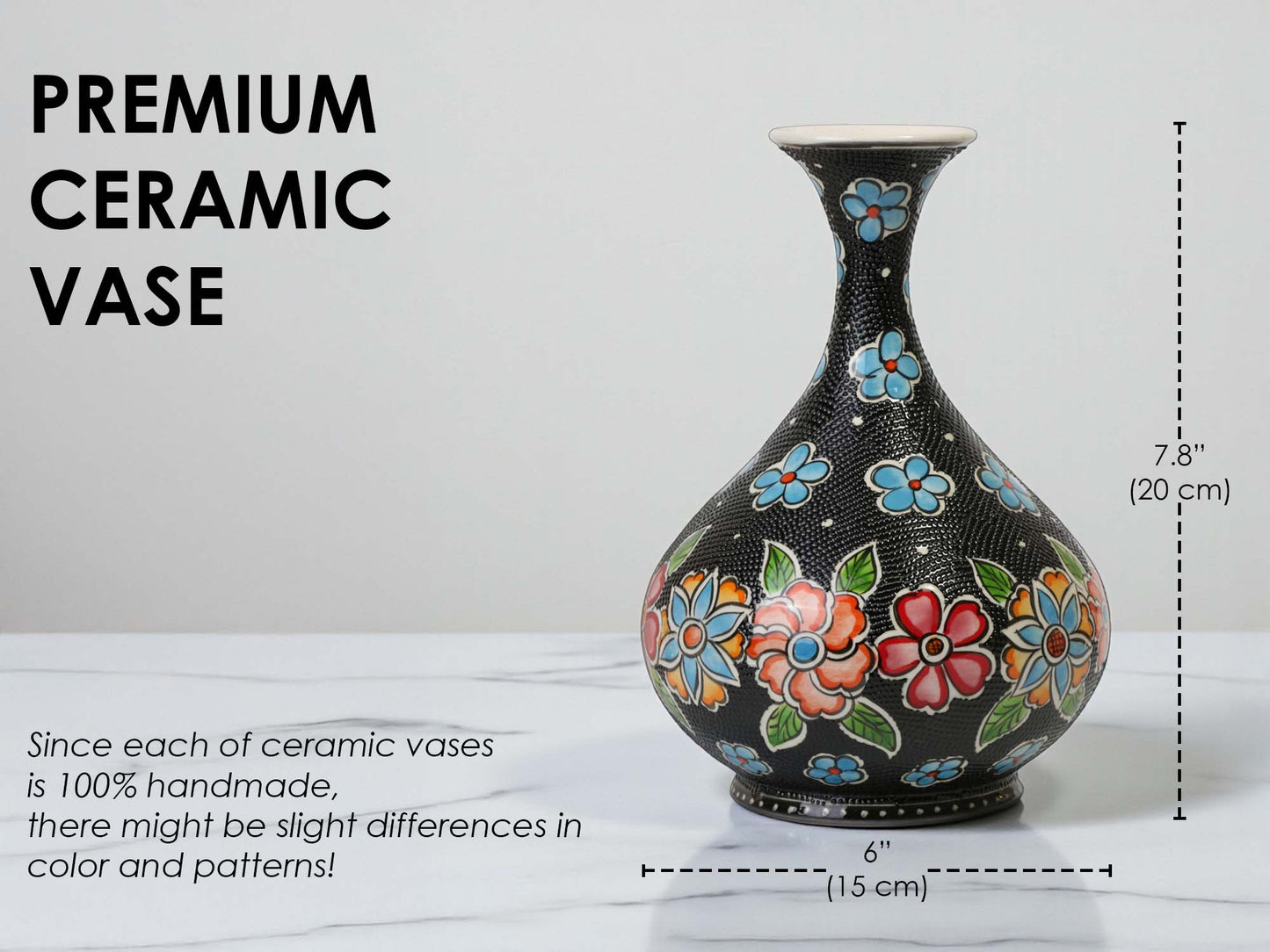 Black ceramic vase with colorful floral patterns on a white background, labeled as a 'Premium Ceramic Vase'.