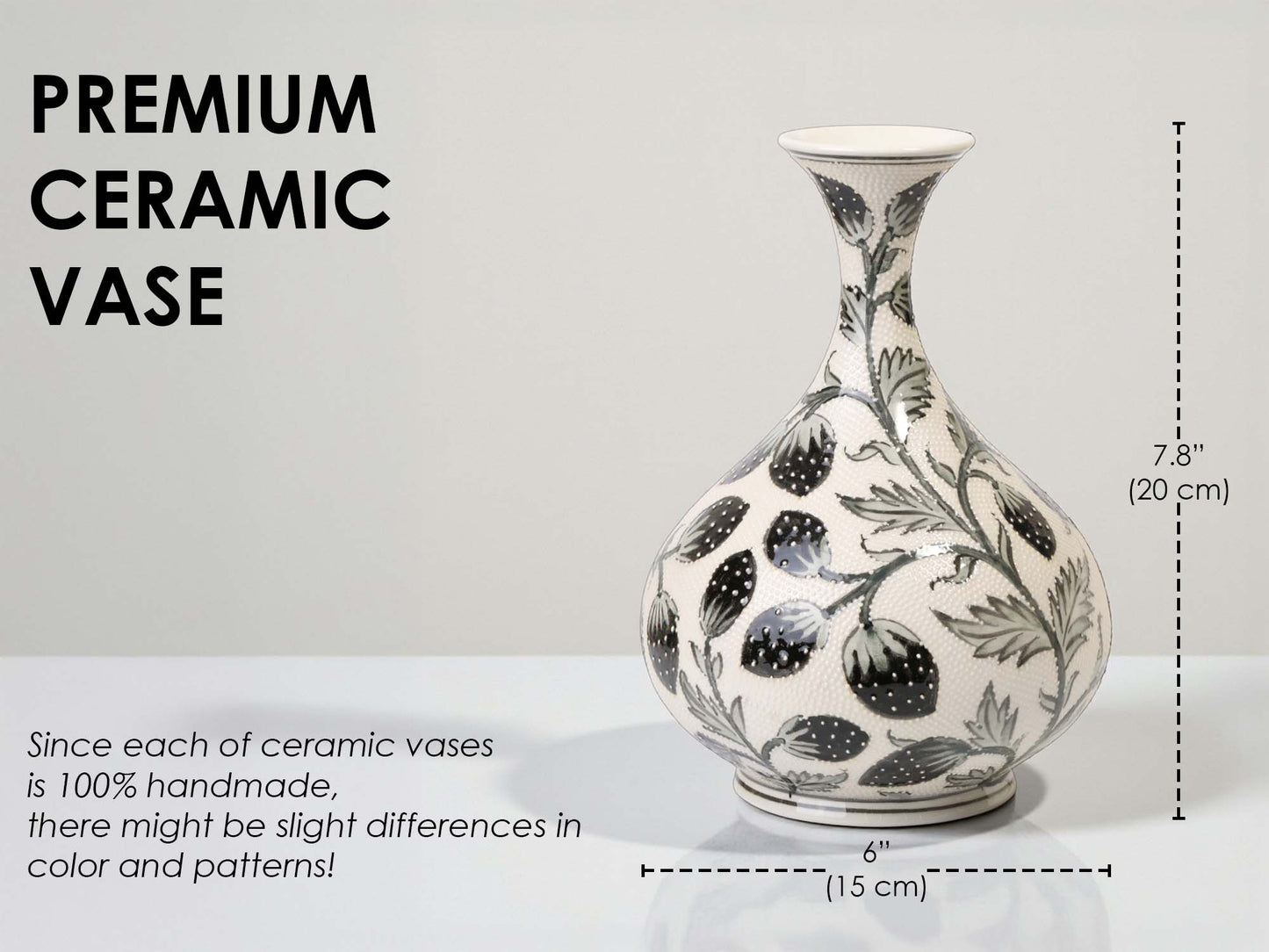 Ceramic vase with black floral patterns on a white background, labeled as 'Premium Ceramic Vase'.