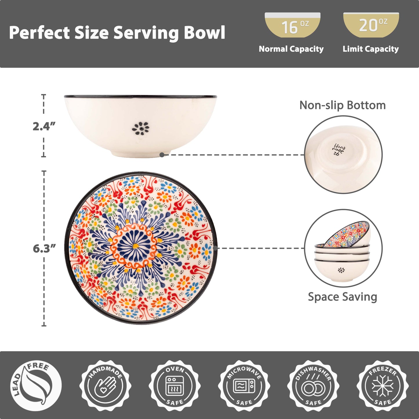 Ceramic Serving Bowls, Ceramic Cereal Bowl, 20 oz Cereal Bowl, Colorful Ceramic Cereal Bowl Set of 2