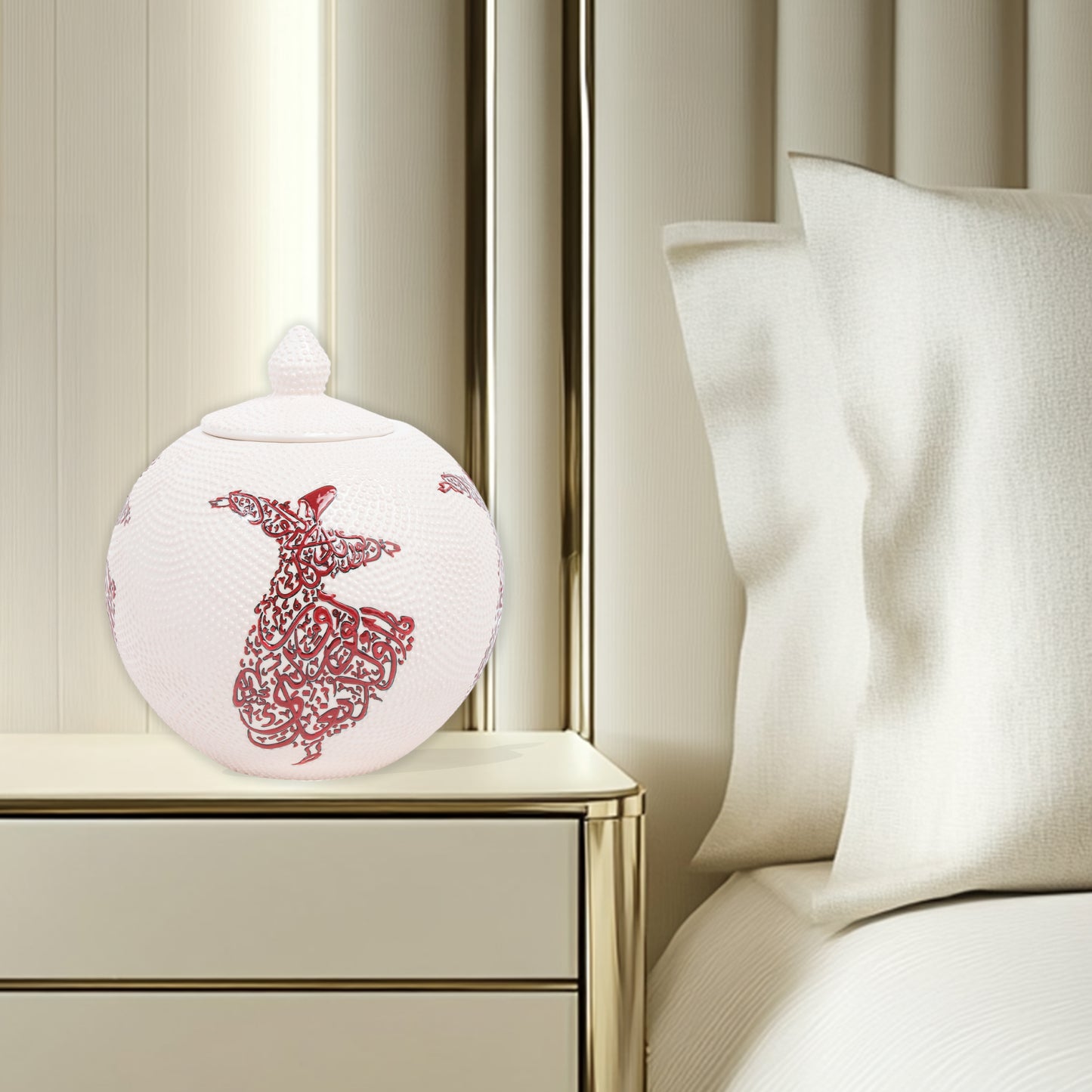 Handmade Ceramic Jar, Red Whirling Dervish Decorative Jar with Lid, Ceramic Globe Jar