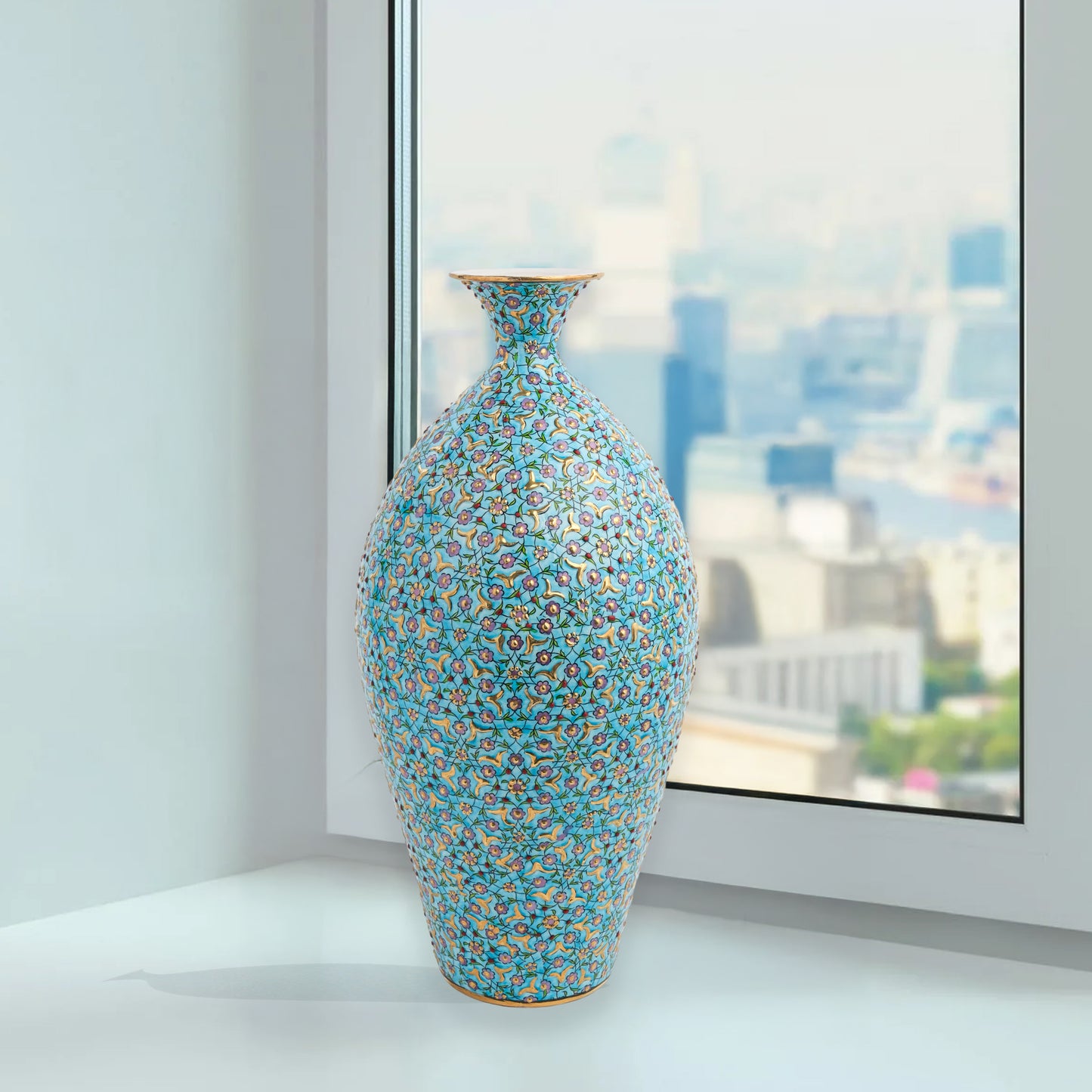 Hand-painted ceramic decorative bottle with floral motifs on turquoise base. Ottoman-inspired artisan vase, glossy glazed, perfect for décor or gifting.