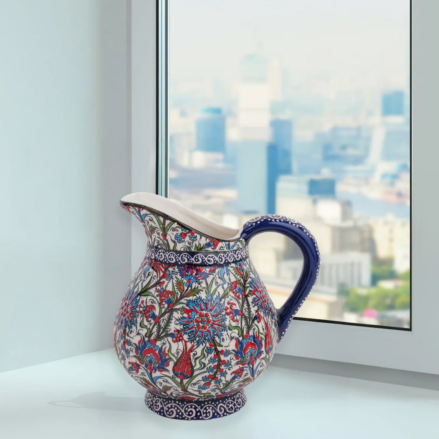Handmade Ceramic Pitcher, Traditional Floral Decorative Ewer, Decorative Pitcher