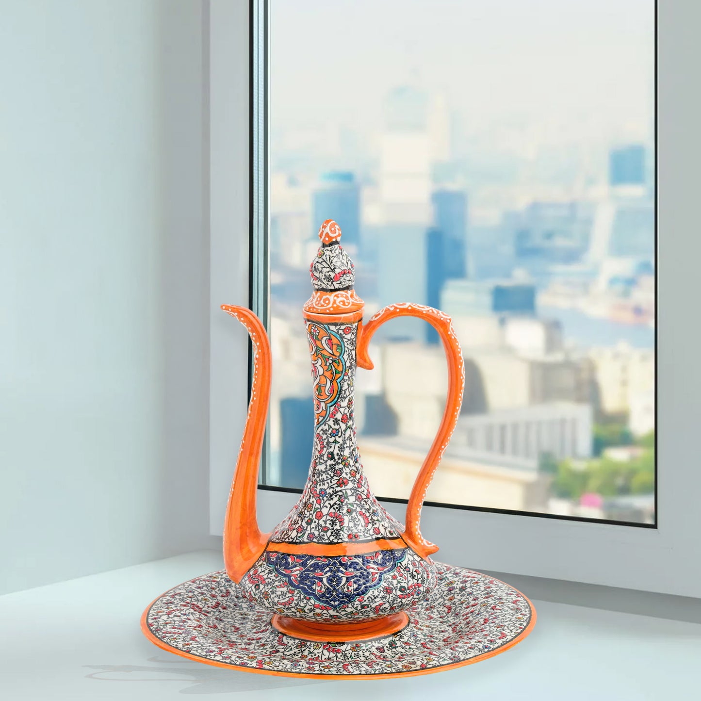 Hand-painted ceramic ewer and basin set with vivid orange accents and Ottoman floral motifs. Decorative artisan piece, 40 cm tall, perfect for cultural décor.