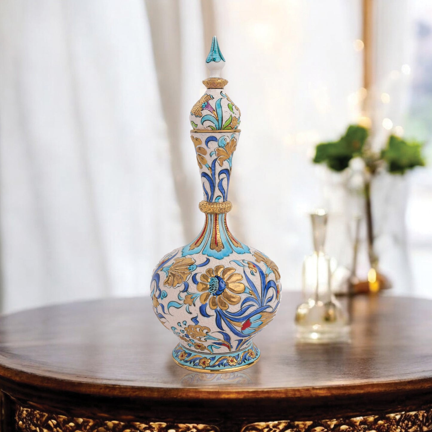 Handmade Ceramic Decorative Vase, Turquoise Blossom Ceramic Vase, Golden Vase