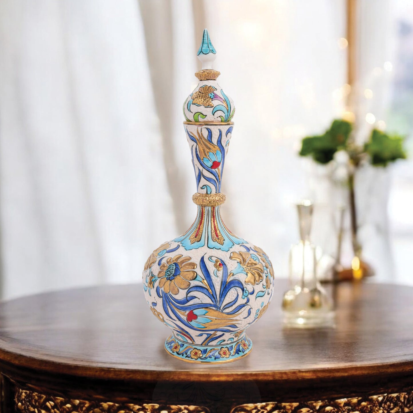 Handmade Ceramic Decorative Vase, Turquoise Floral Ceramic Vase, Golden Vase