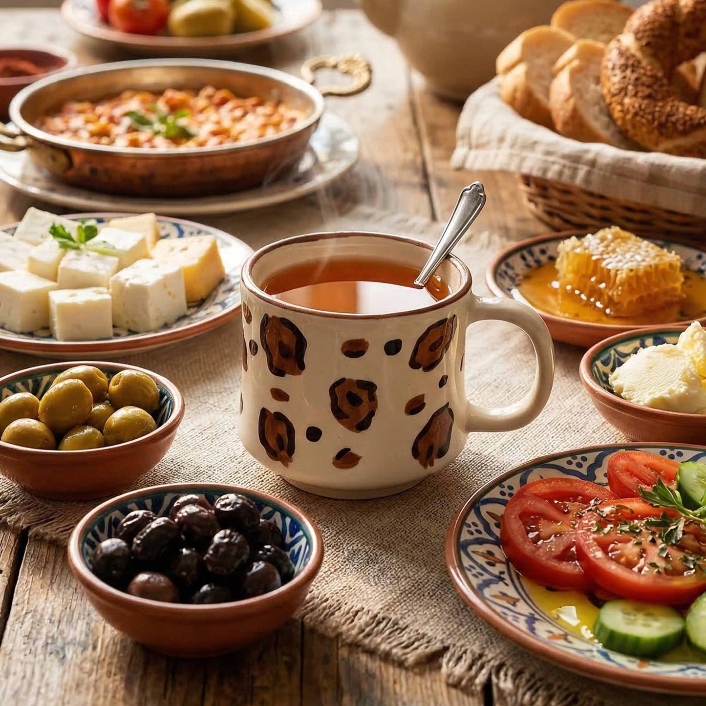 Café with coffee seeds print mug surrounded by snacks on a wooden table