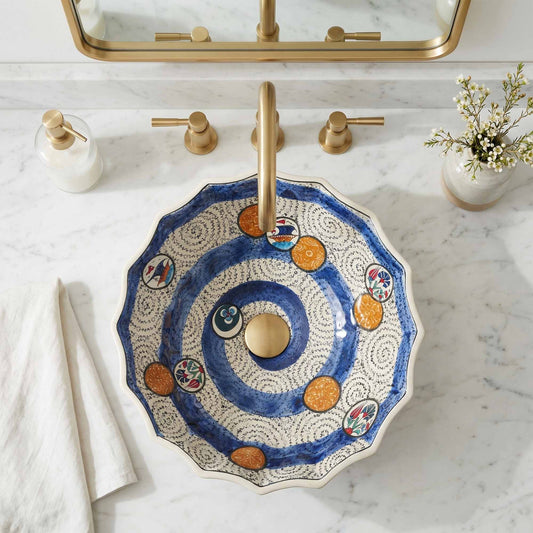 Aegean Wave Ceramic Vessel Sink, Handpainted Scalloped Bathroom Basin