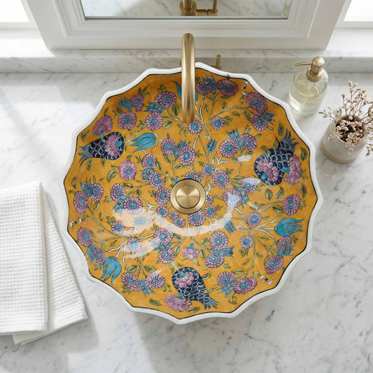 Golden Meadow Ceramic Vessel Sink, Handpainted Scalloped Bathroom Basin