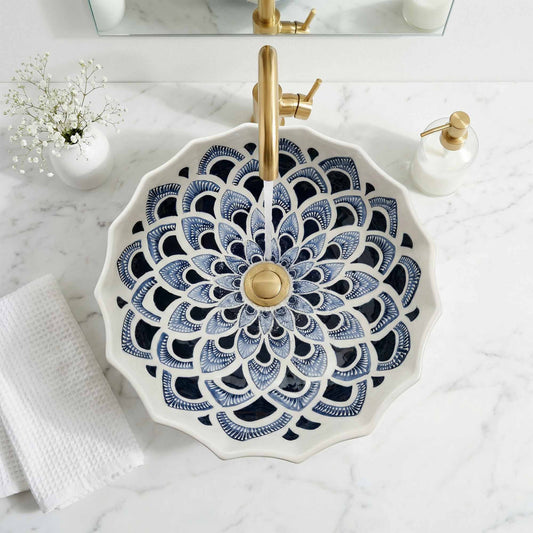 Indigo Lotus Ceramic Vessel Sink, Handpainted Scalloped Bathroom Basin