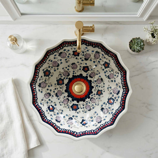 Scarlet Meadow Ceramic Vessel Sink, Handpainted Scalloped Bathroom Basin