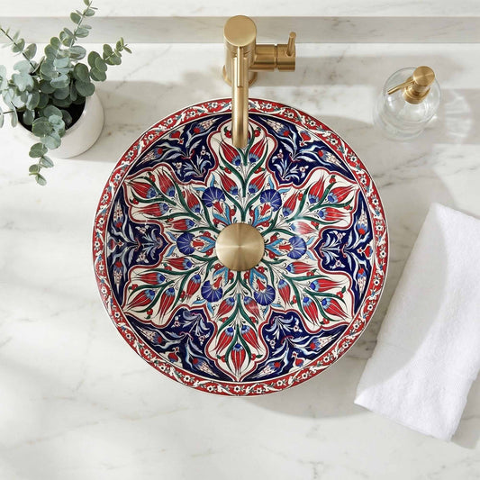 Ottoman Tulip Ceramic Vessel Sink, Handpainted Turkish Bathroom Basin