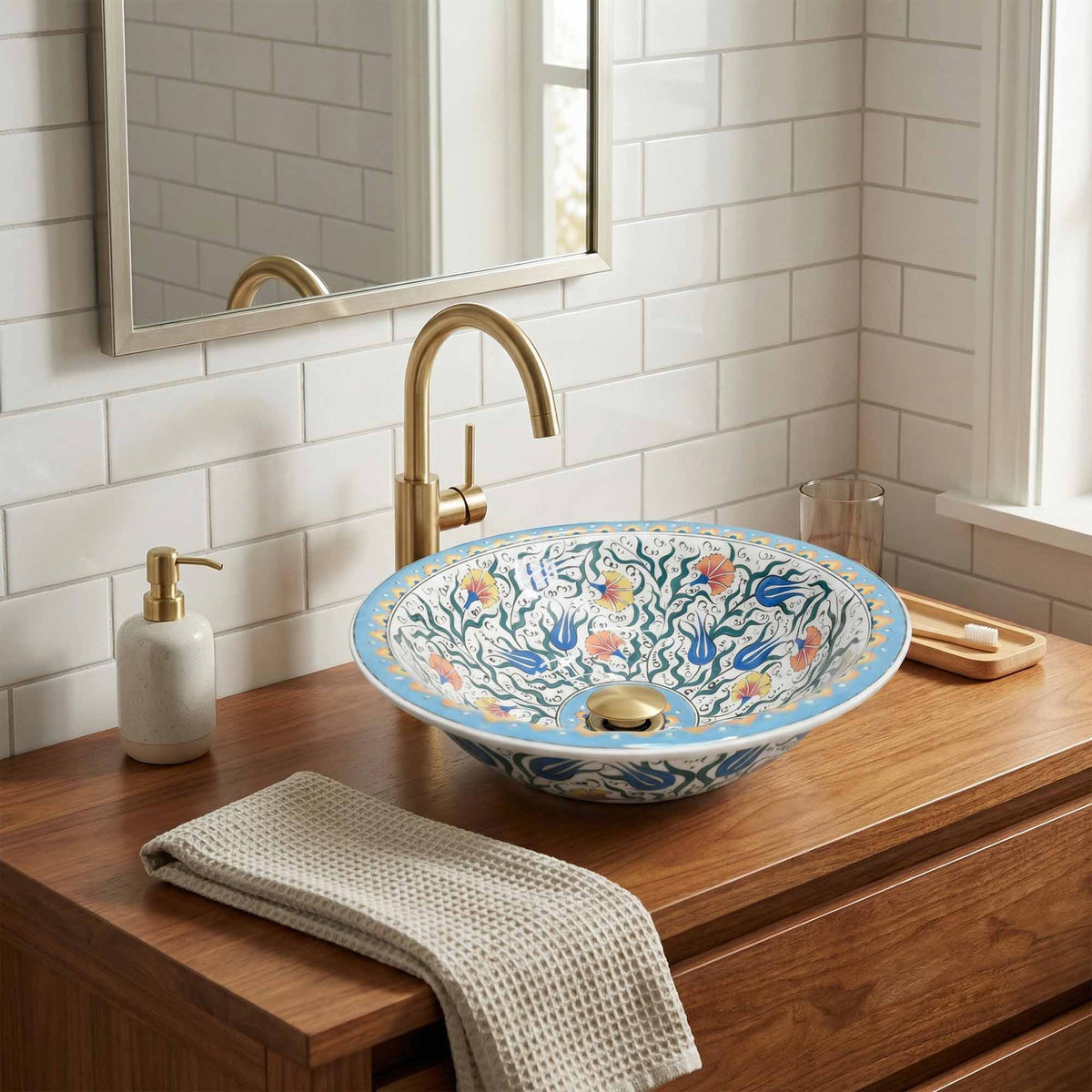 Sky Tulip Ceramic Vessel Sink, Handpainted Floral Bathroom Basin