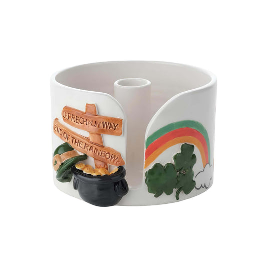 Ceramic paper towel holder with Leprechaun-themed design on a white background