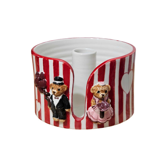 Paper towel holder with red and white striped design featuring teddy bears.