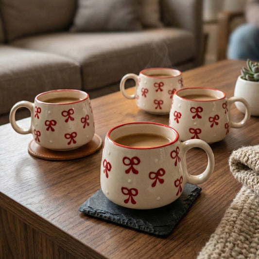 Four ceramic mugs with red bow design on a wooden table.