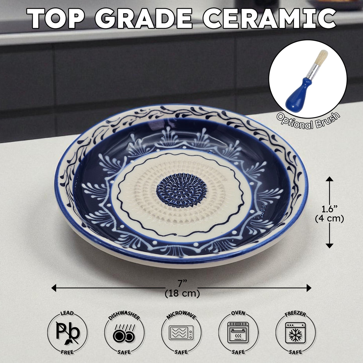 Decorative ceramic garlic grater bowl with blue and white patterns on a gray surface, featuring dimensions and safety icons.