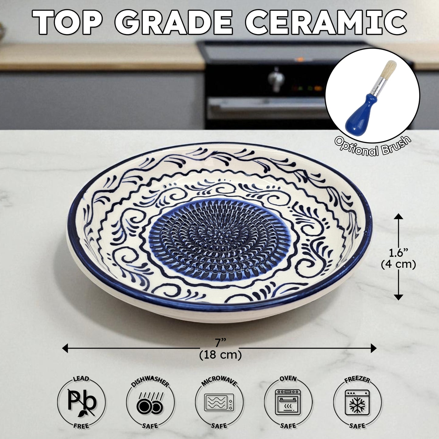 Garlic Grater Bowl, Navy Wave Grater Plate, 7" Ceramic Garlic Grinder, Decorative Grater Bowl