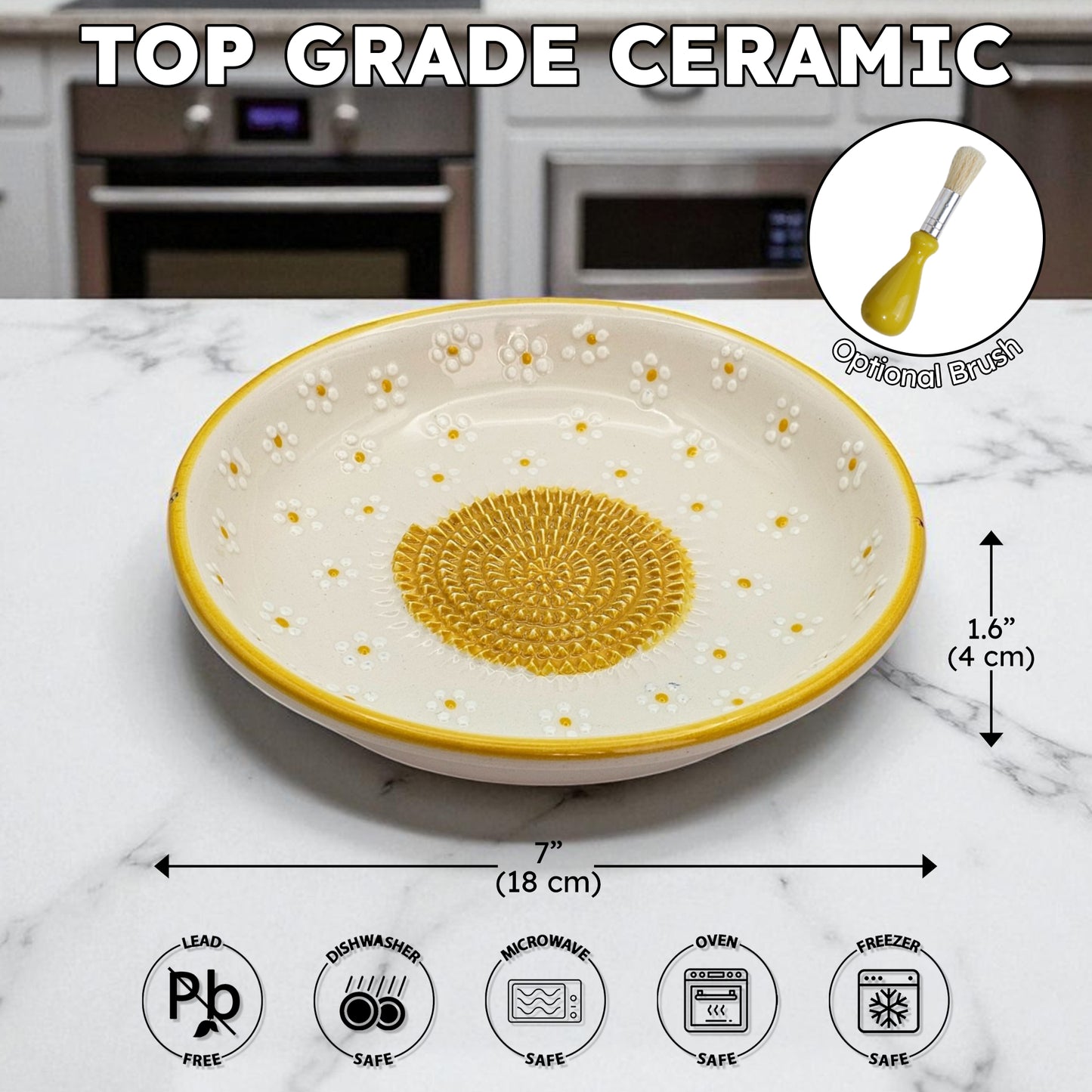Ceramic garlic grater bowl with yellow interior and decorative pattern on a marble surface, with measurements and safety icons displayed.