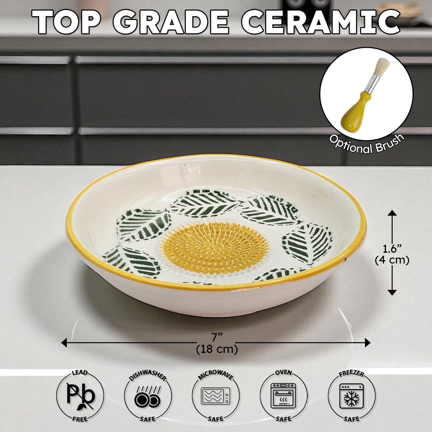 Ceramic garlic grater bowl with leaf pattern on a white surface, featuring dimensions and safety icons.