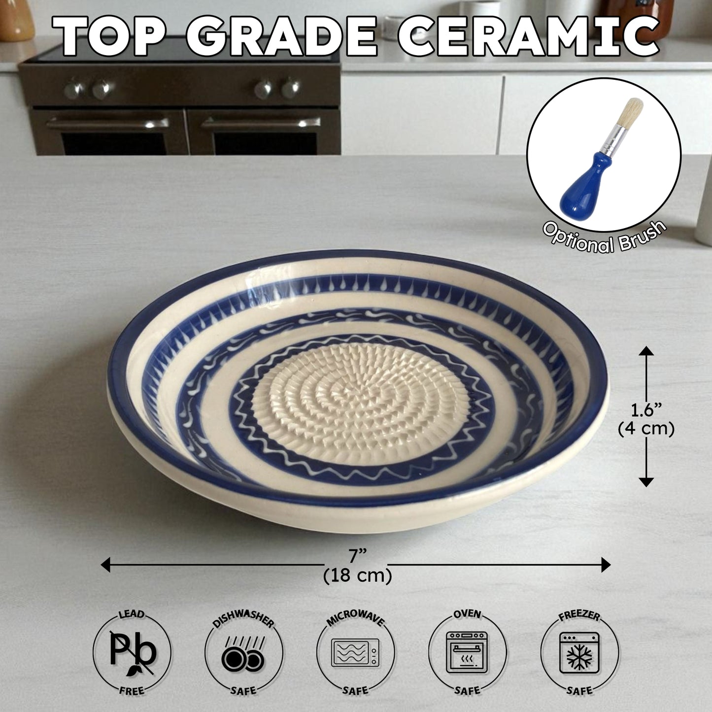 Ceramic garlic grater bowl with blue and white patterns on a countertop, accompanied by an optional brush and safety icons.