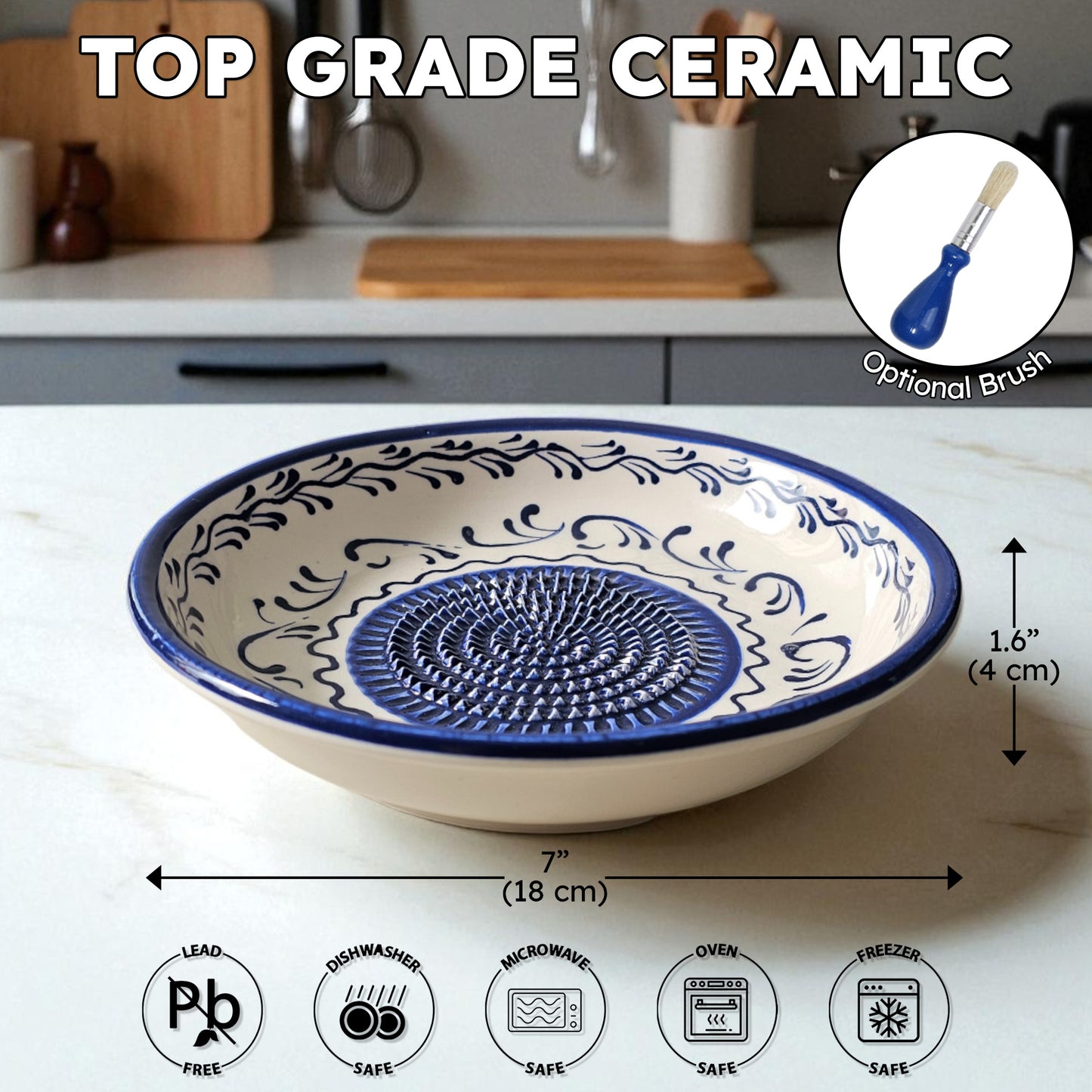 Ceramic garlic grater bowl with blue patterns on a kitchen counter, labeled as 'Top Grade Ceramic'.