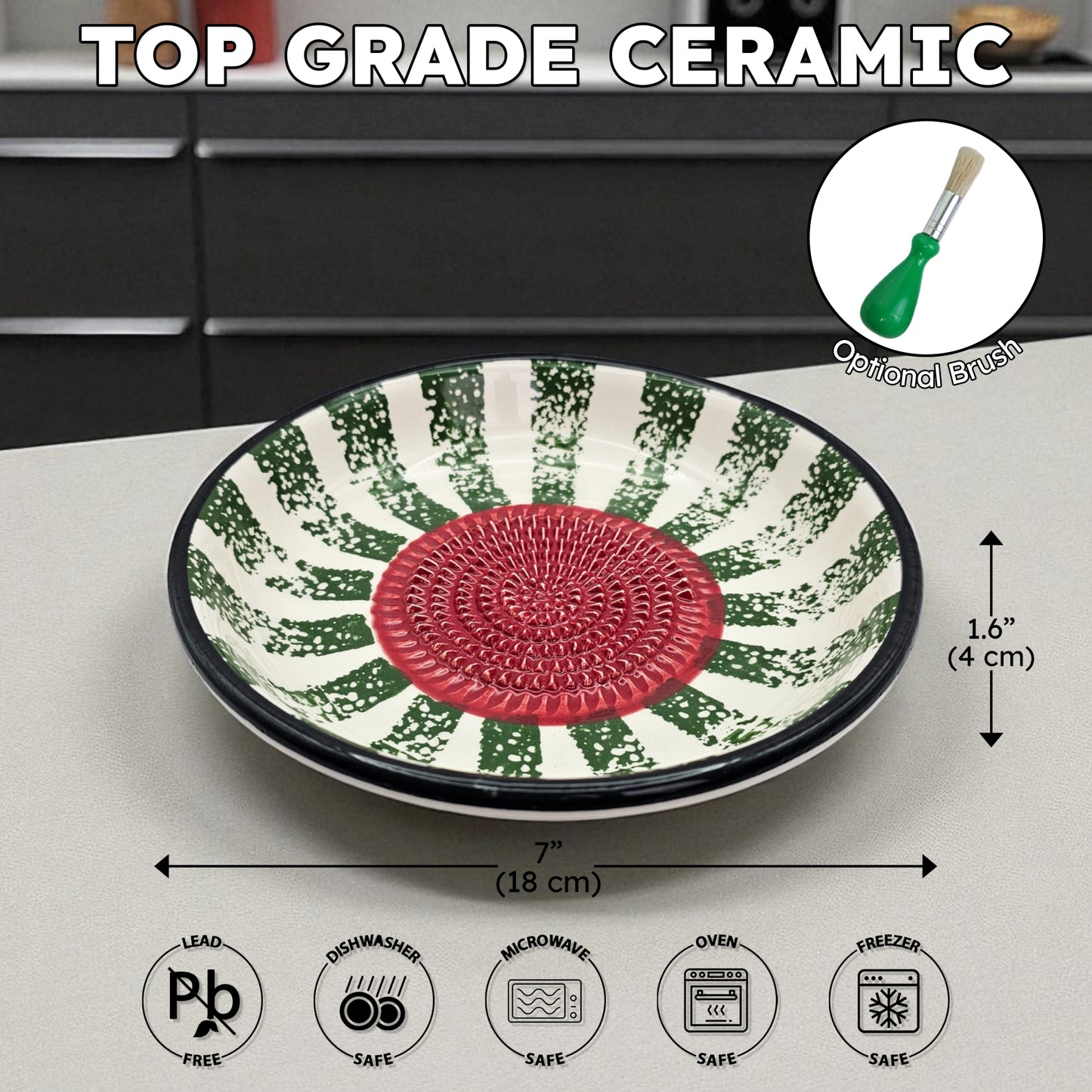 Ceramic garlic grater bowl with green and red pattern on a kitchen counter, labeled as 'Top Grade Ceramic'.