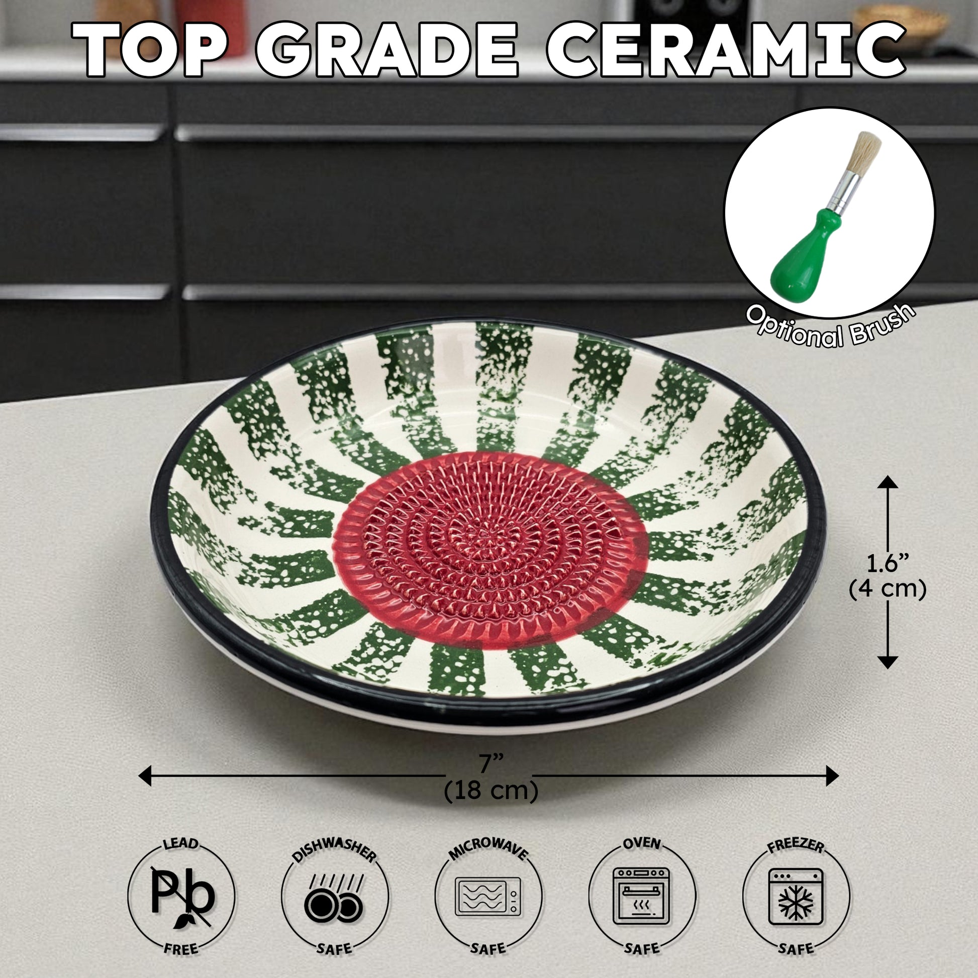 Ceramic garlic grater bowl with green and red pattern on a kitchen counter, labeled as 'Top Grade Ceramic'.