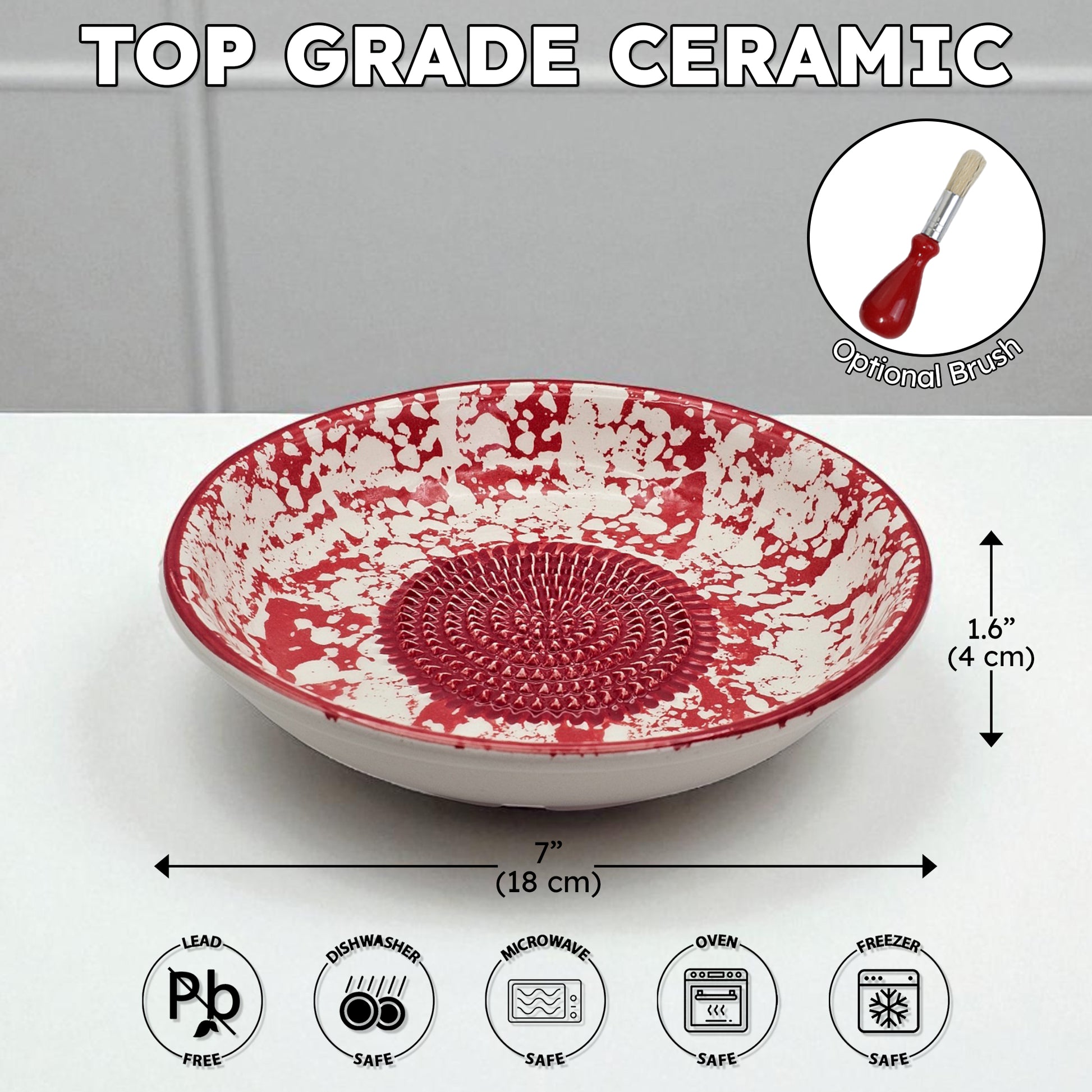 Red and white ceramic garlic grater bowl with measurements and safety icons on a gray background