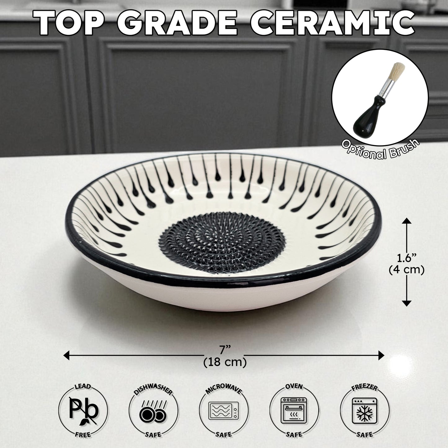 Garlic Grater Bowl, Black Drops Grater Plate, 7" Ceramic Garlic Grinder, Decorative Grater Bowl
