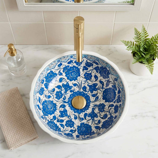 Blue Garden Ceramic Vessel Sink, Handpainted Floral Bathroom Basin