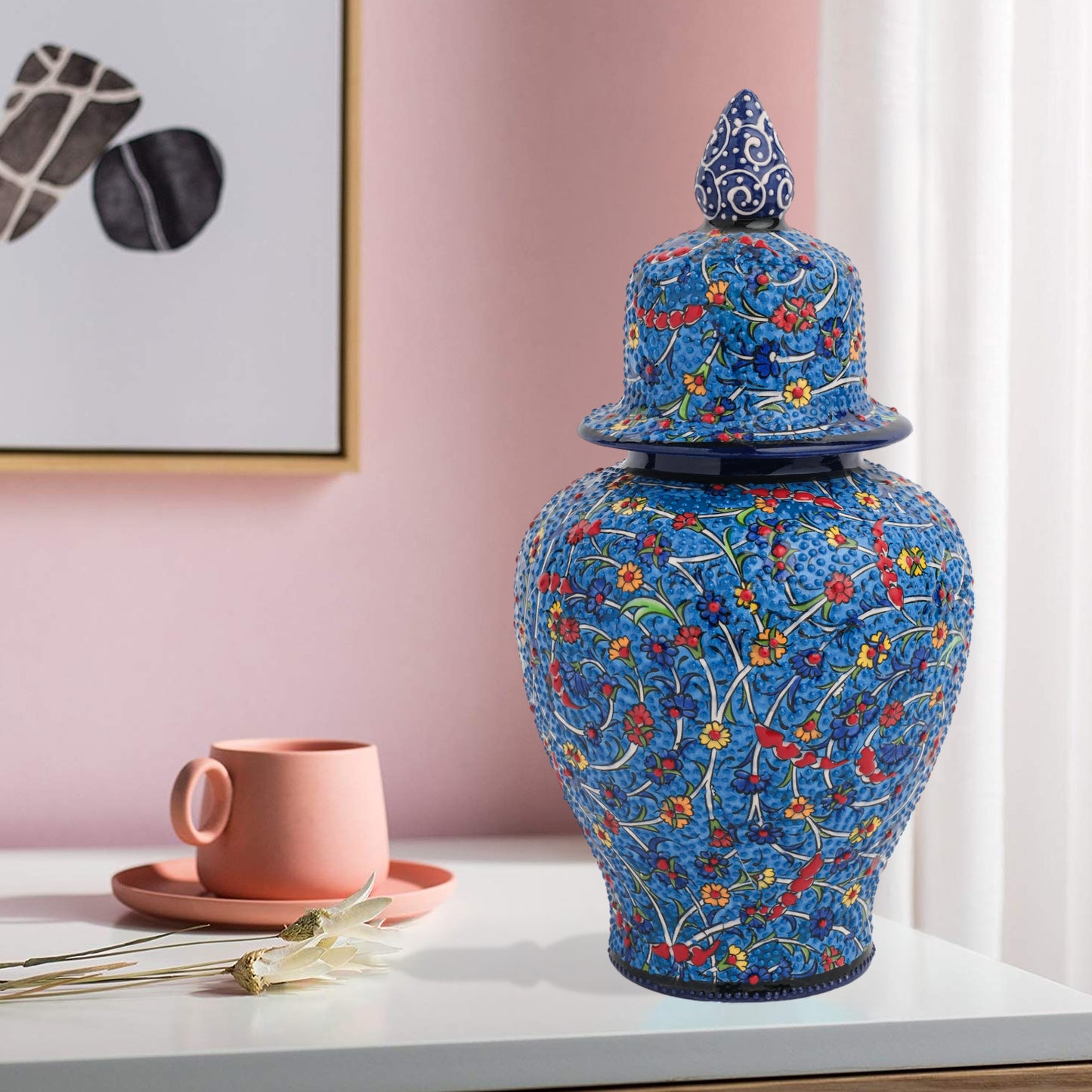 Hand-painted Blossom Night ceramic jar with vivid yellow, red & blue florals on cobalt base. Glossy artisan jar with ornate finial, perfect décor or gift.