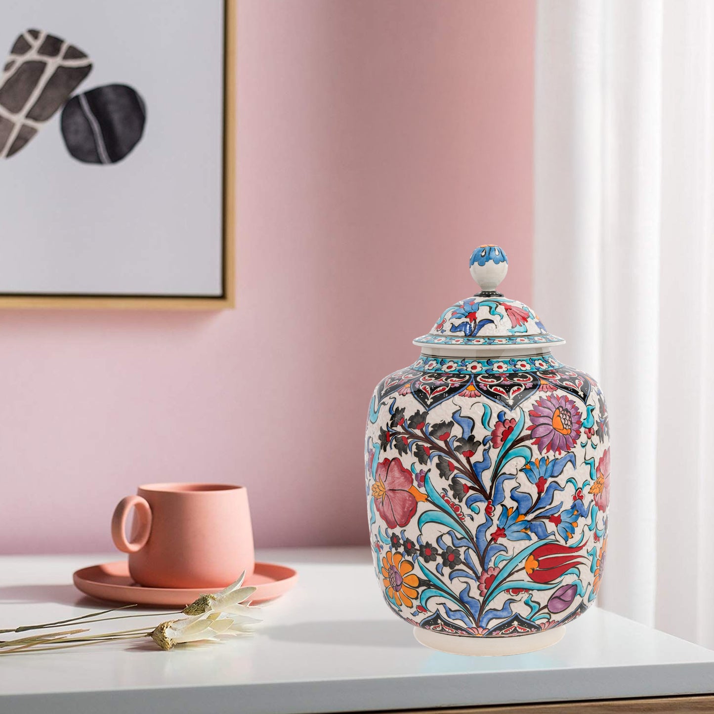 Hand-painted Garden Bloom ceramic jar with multicolor Ottoman floral motifs. Tall canister design, artisan-made, perfect for storage, décor, or gifting.