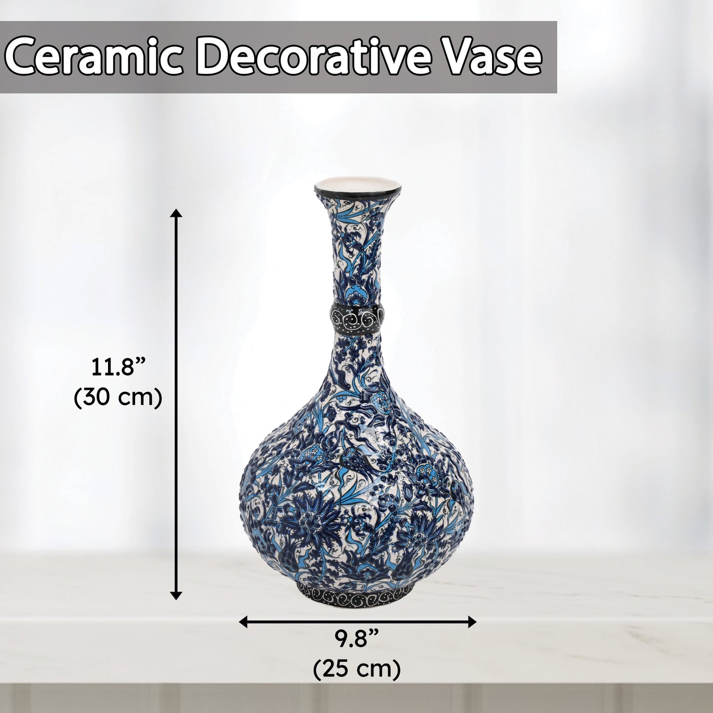 Handmade Ceramic Decorative Vase, Blue Floral Ceramic Vase
