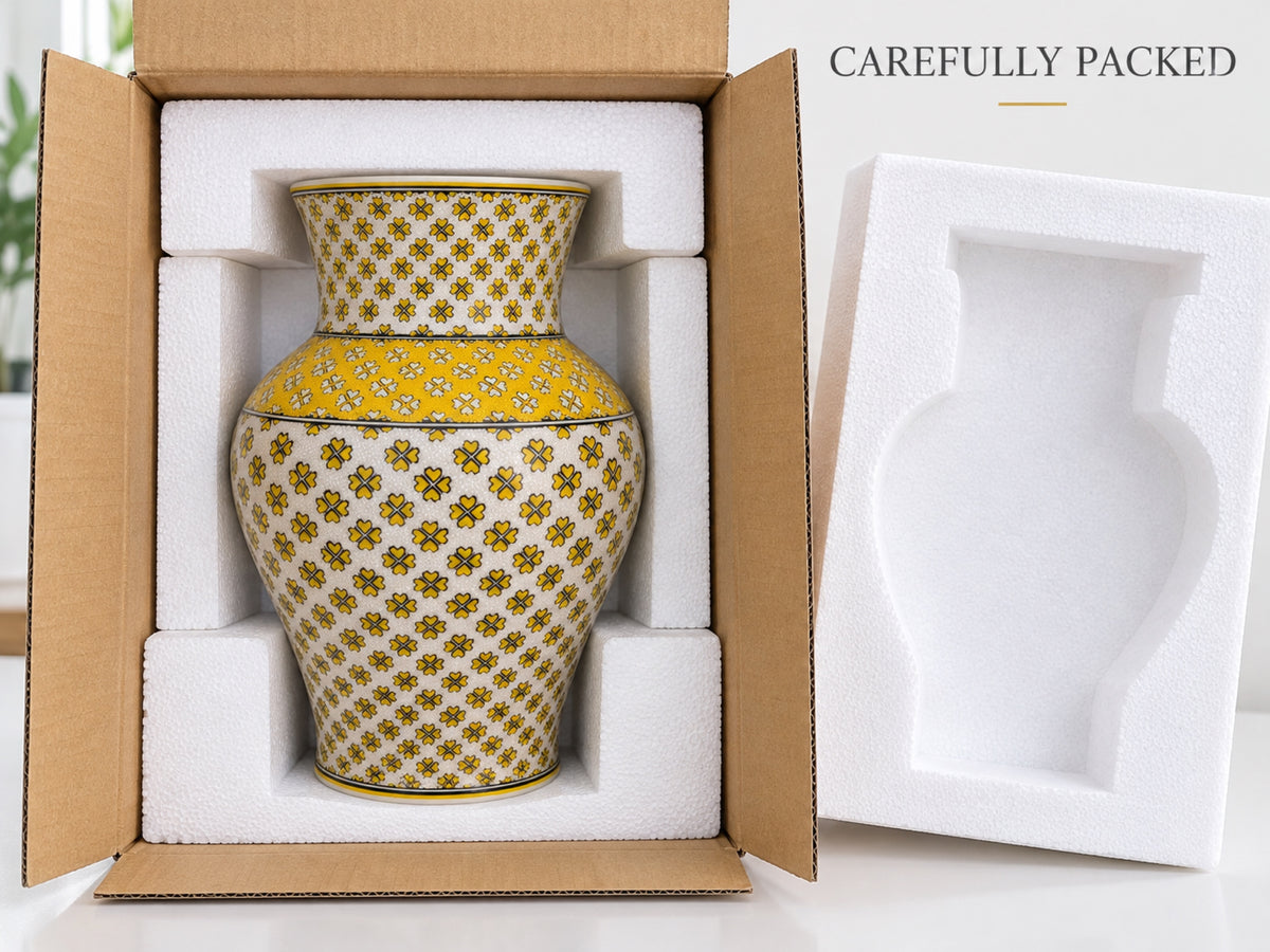 Large Decorative Ceramic Vase 12 Inch Yellow Ivory Geometric Pottery, Statement Home Decor