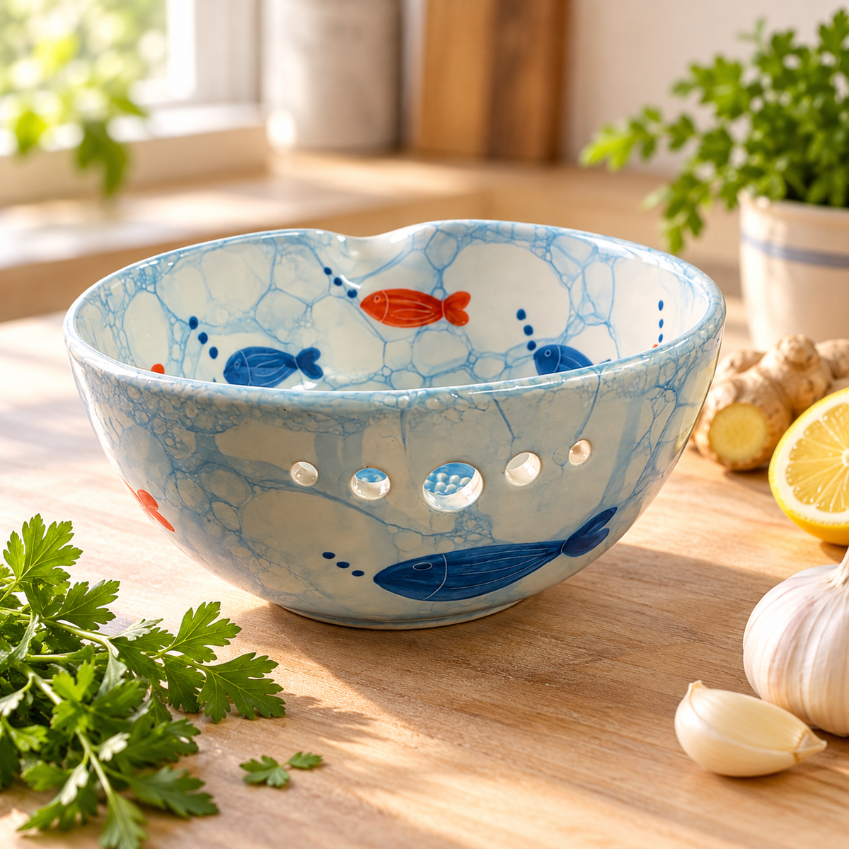 Herb Stripper Bowl & Garlic Grater Ceramic Ginder Bowl for Herbs, Ginger & Parmesan Kitchen Essential