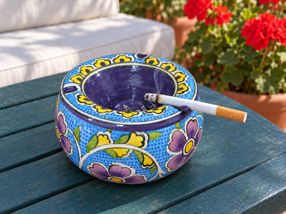 Handmade Ceramic Ashtray with Lid, 5 Inch Hand Painted Floral Outdoor Ashtray