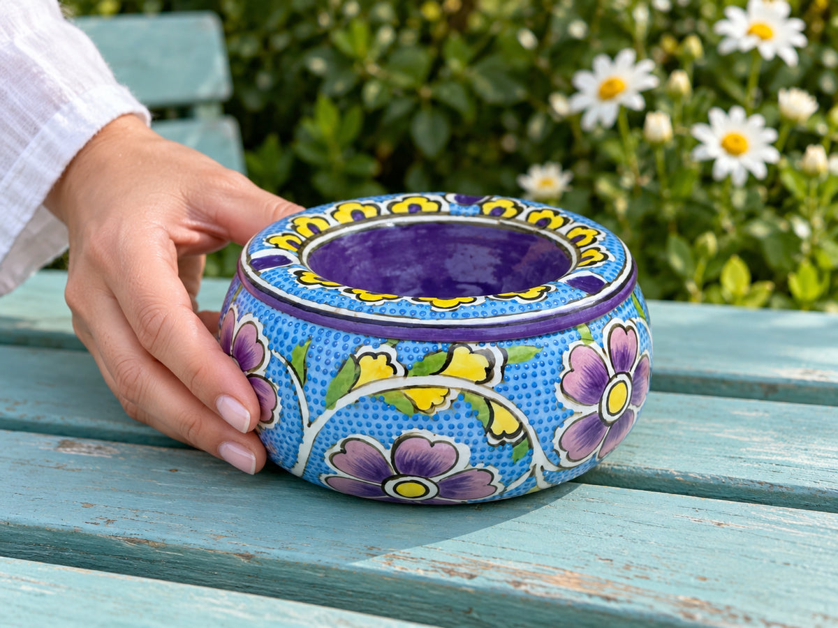 Handmade Ceramic Ashtray with Lid, 5 Inch Hand Painted Floral Outdoor Ashtray
