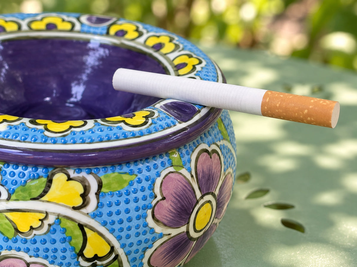 Handmade Ceramic Ashtray with Lid, 5 Inch Hand Painted Floral Outdoor Ashtray