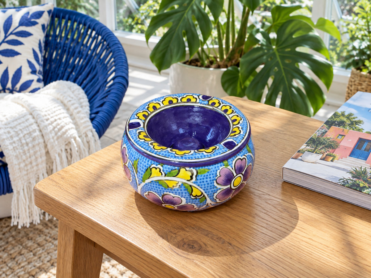 Handmade Ceramic Ashtray with Lid, 5 Inch Hand Painted Floral Outdoor Ashtray