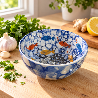 Herb Stripper Bowl & Garlic Grater Ceramic Ginder Bowl for Herbs, Ginger & Parmesan Kitchen Essential
