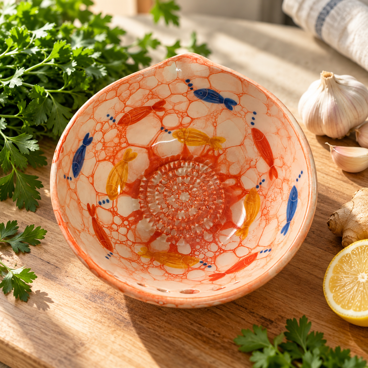 Herb Stripper Bowl & Garlic Grater Ceramic Ginder Bowl for Herbs, Ginger & Parmesan Kitchen Essential