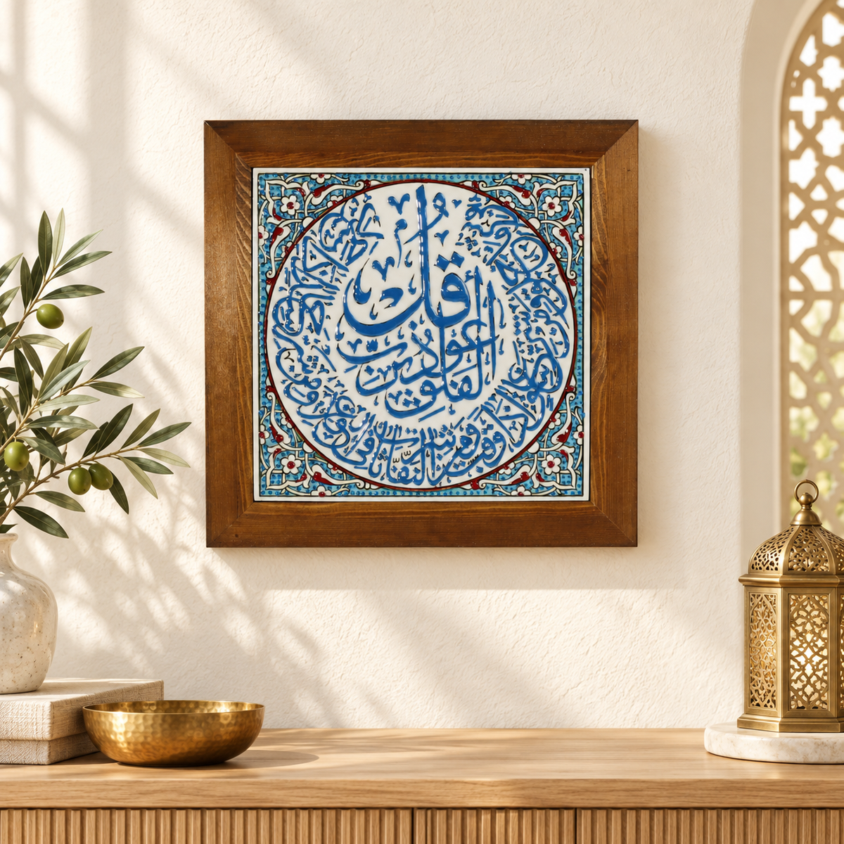 Surah Al-Falaq Framed Ceramic Tile Sky Blue Floral