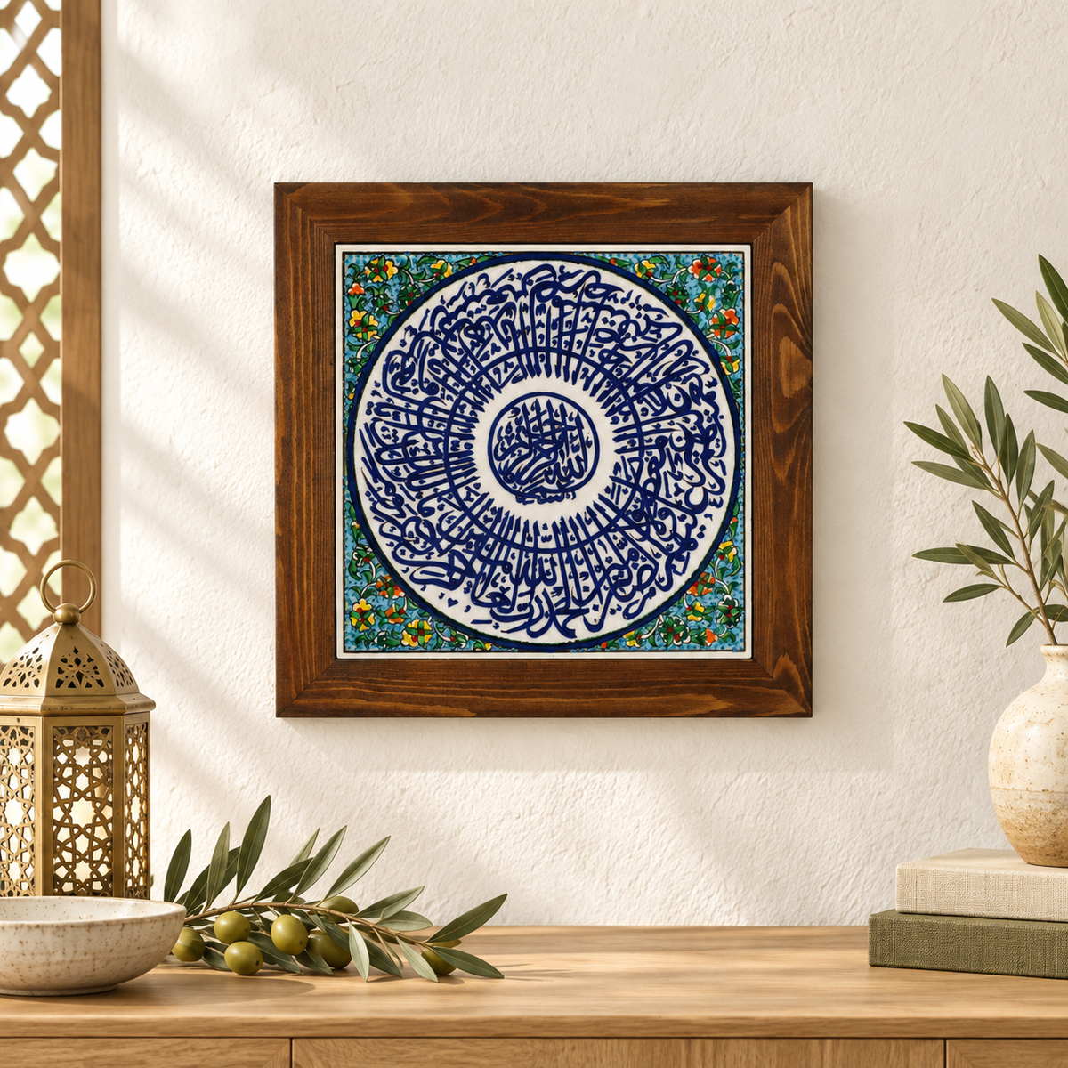 Surah Al-Fatiha Framed Ceramic Tile – Turquoise Floral