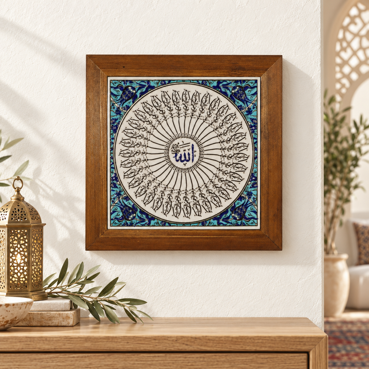 Allah Calligraphy Framed Ceramic Tile Turquoise Border