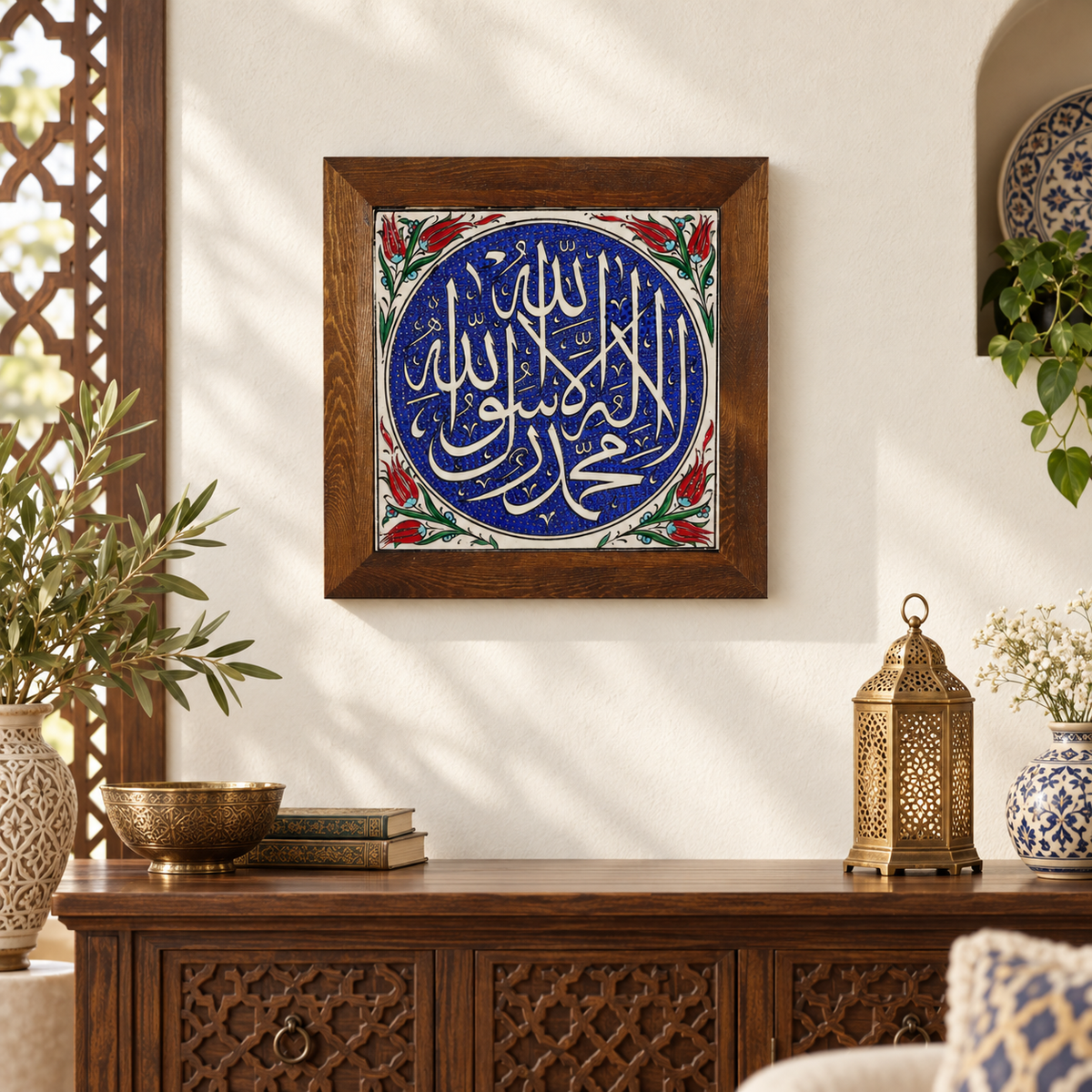 Kalima Tawhid Ceramic Wall Art Red Tulip Border