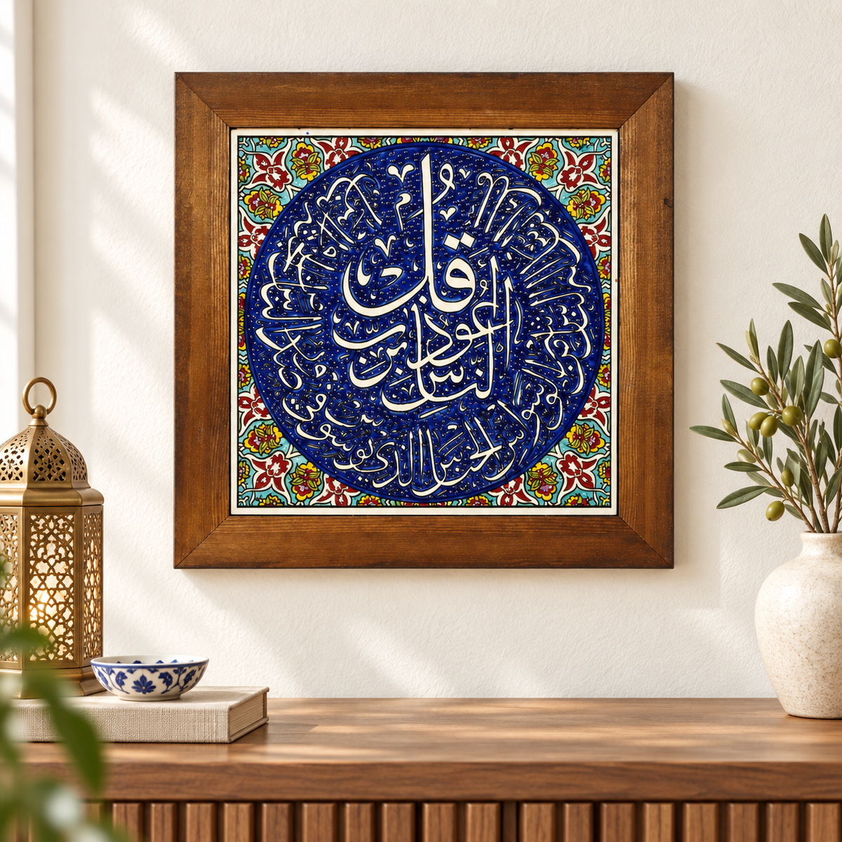 Surah An-Nas Framed Ceramic Tile Cobalt Medallion
