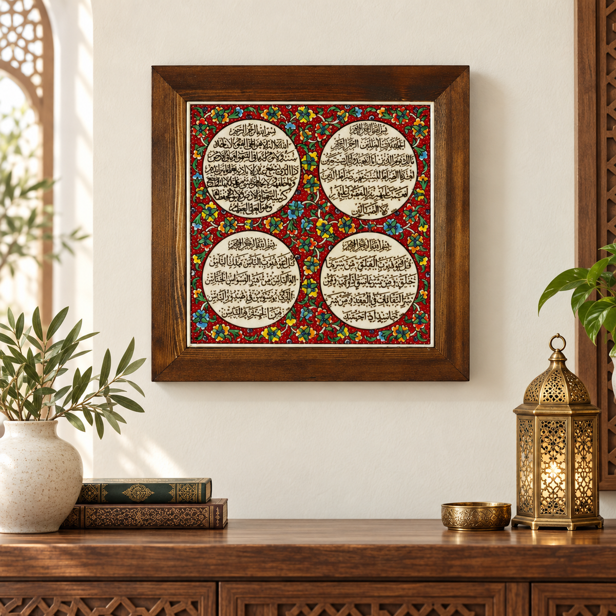 Ayat al-Kursi & Surahs Framed Ceramic Tile Red Floral
